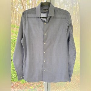 Express M (17-17.5) fitted blue checkered dress shirt 100% cotton EUC button